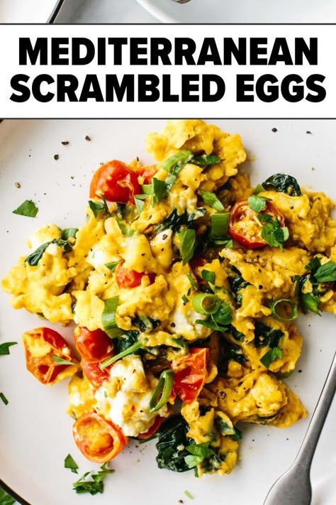 Mediterranean scrambled eggs Mediterranean Diet Recipes Breakfast, Diet Recipes Breakfast, Mediterranean Diet Breakfast, Mediterranean Diet Food List, Mediterranean Recipes Healthy, Mediterranean Breakfast, Mediterranean Diet Recipes Dinners, Scrambled Eggs Recipe, Creamy Feta