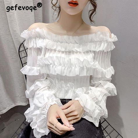 Chiffon White Shirt, Girls Spring Fashion, Women Ruffle Blouse, Ladies Chiffon Shirts, Straight Clothes, Frill Tops, White Chiffon, Ruffle Shirt, Loose Outfit