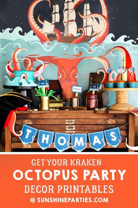 Kraken Sea Monster Party Printables Set | Printable Octopus Party Set | Party ideas For boys Kraken Party Ideas, Kraken Theme Party, Octopus Party Ideas, Octopus Decoration Party, Sea Monster Party, Kraken Birthday Party, Kraken Party, Octopus Birthday, Kraken Sea Monster