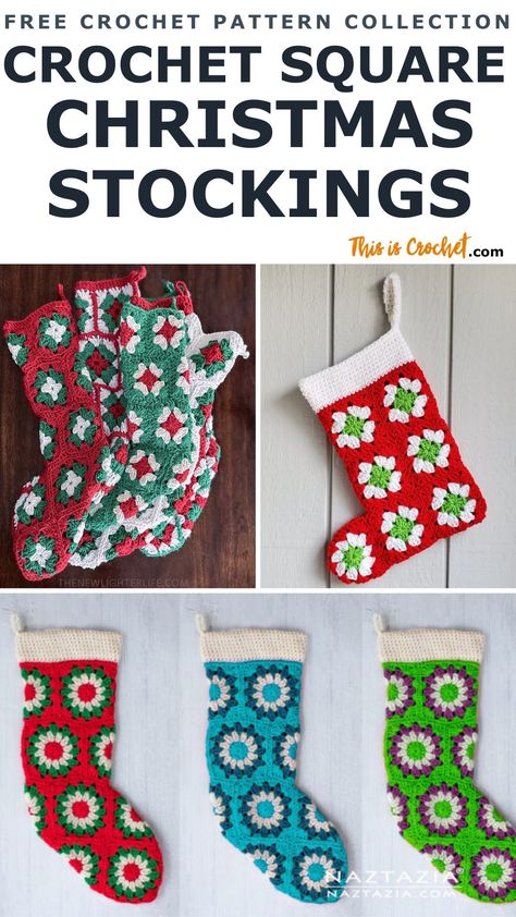 Christmas Stockings Made With Crochet Squares - This is Crochet Granny Square Christmas Stocking, Christmas Stocking Images, Crocheting Christmas, Diy Crochet Granny Square, Granny Square Stocking, Stocking Pattern Free, Granny Christmas, Crochet Christmas Stocking Pattern, Crochet Stocking