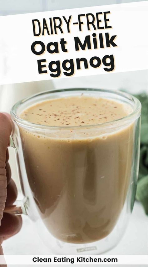 This non-alcoholic and dairy-free Oat Milk Eggnog recipe has a traditional flavor and texture, just with no dairy. Enjoy it in your morning coffee or just as a treat on its own. This vegetarian recipe is super delicious and great for the holiday season. Vegan option included. Non Dairy Eggnog Recipe, Flavored Oat Milk, Oat Milk Eggnog Recipe, Alcohol Free Eggnog Recipe, Lactose Free Eggnog Recipe, Almond Milk Eggnog Recipe, Recipes With Oat Milk, Oatmilk Recipe, Dairy Free Eggnog Recipe