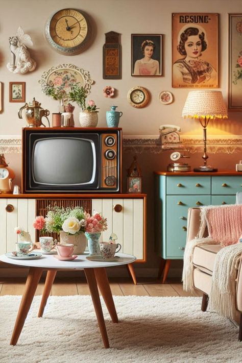 Retro 50s style living space with quirky decor, old-fashioned TV, bright colors like pink and teal 50s Style Home Decor, 70s Style Room, 1940s Home Decor Interior Design, 1940s House Interior, Grandma Chic Decor, Kawaii Apartment, Retro Chic Decor, 60s Interior Design, 80s Room Decor