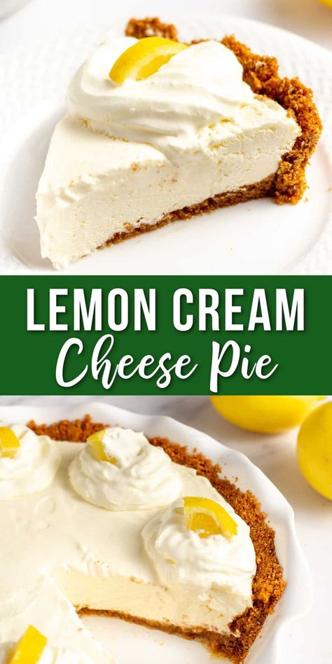 lemon cream cheese pie on a plate Lemon Cream Cheese Cake Filling, Cream Cheese Lemon Meringue Pie, Lemon And Cream Cheese Recipes, Lemon Pie With Cream Cheese, Cream Cheese Lemon Pie Recipe, Creme Cheese Recipe, Cream Cheese Pie Filling, Lemon Cream Cheese Filling, Lemon Cream Cheese Recipes