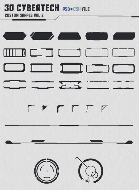 30 Cybertech Shapes Vol. 2 by VengeanceMK1.deviantart.com on @DeviantArt Sci Fi Shapes, Cyberpunk Tattoo, Gui Design, Album Art Design, Game Ui Design, Cyberpunk Style, Ui Inspiration, Ui Elements, Cyberpunk Art