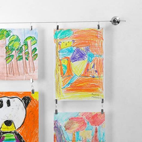 Art Hanging System, Kids Art Display, Art Hanger, Displaying Kids Artwork, Art Display Kids, Systems Art, Childrens Artwork, Art Wire, Hanger Clips