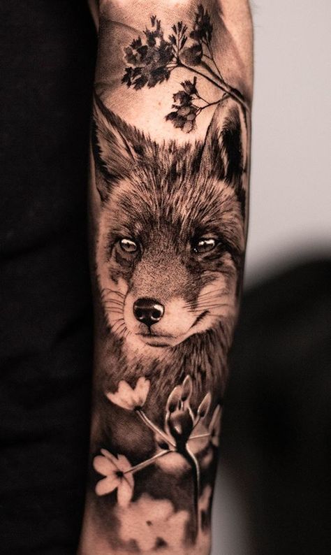 Fox Portrait Tattoo, Fox Floral Tattoo, Fox Tattoo Forearm, Fox Forest Tattoo, Black And Grey Fox Tattoo, Fox Hand Tattoo, Fox Tattoo Realistic, Fox Tatoos Design, Fox Arm Tattoo