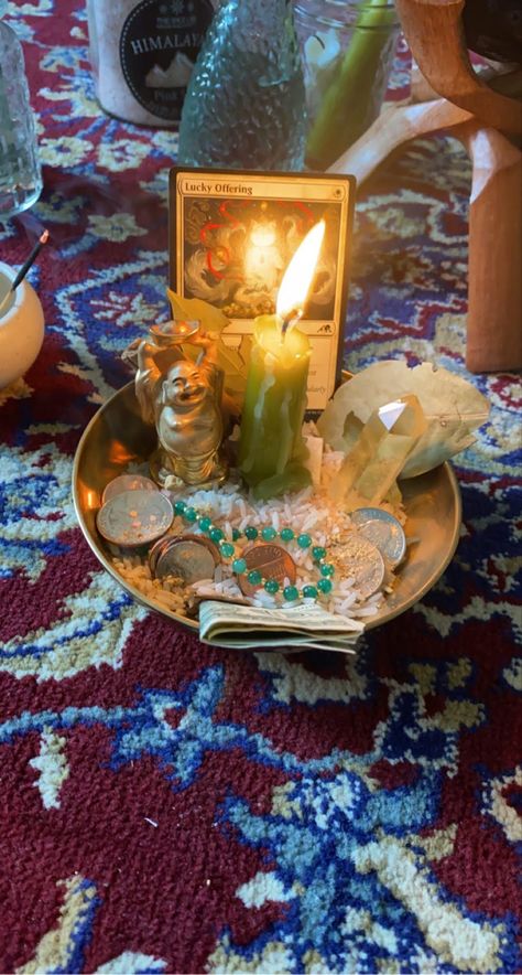 Witchcraft Money Bowl, Offering Bowls Altars, Living Room Crystals, Money Bowl Ideas, Money Spell Bowl, Money Bowl Witchcraft, Bowl Spells, Money Alter, Money Bowl Spell