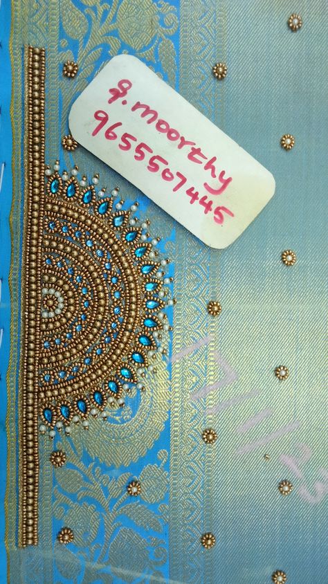 Aari Work Blouse Off Sleeve, Sleeve Design For Aari Work, Simple Bead Work Aari Blouse, 1500 Aari Work Blouse, Straight Line Aari Work Blouse Design, Aari Work For Sleeves, Simple Aari Sleeve Design, Light Blue Blouse Designs, Back Neck Aari Designs For Blouses