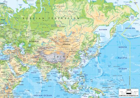 Physical Map of Asia and Asian Countries Maps Map Of Asia, Classroom Map, Monte Everest, Asian Continent, Map Wall Mural, Large Wall Murals, Physical Map, Map Murals, Physical Geography