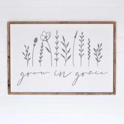 This stylish wood framed sign features an inspirational message, perfect for farmhouse style décor. The wall sign measures 18 x 24 inches and is made from high-quality pine wood, adding a touch of sophistication to any room. With its uplifting message and timeless design, this sign is sure to bring a sense of grace and joy to your home. Grow in grace sign details: 18" x 24" x 2" Handcrafted framed sign The frame and the background are both 100% wood. See photos for frame color options. The wood Amazing Grace Farmhouse Sign, Decorative Signs For The Home, Plant Classroom, Friends Decor, Decoration Hacks, Calligraphy Business, Grace Sign, Craft Printables, Alabama Vacation