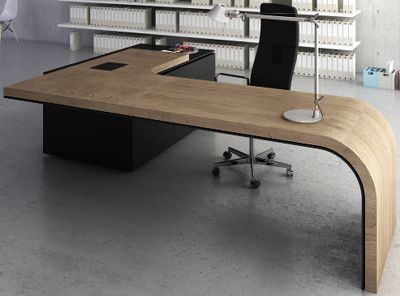 love the dark gray and natural wood Cool Office Desk, Luxury Office Furniture, Executive Office Furniture, Cheap Office Furniture, Office Desk Designs, Office Table Design, Modern Office Desk, Modern Office Design, Office Furniture Design