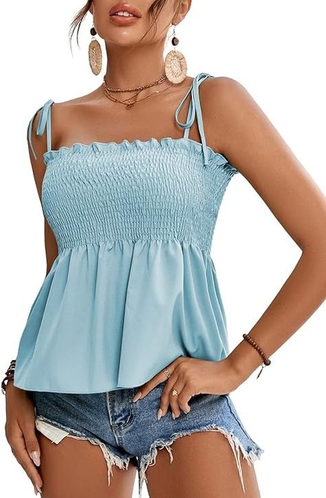 LYANER Women's Tie Shoulder Frill Shirred Ruffle Hem Sleeveless Strappy Cami Blouse Peplum Top at Amazon Women’s Clothing store Holiday Club, Sleeveless Peplum Top, Cami Shirt, Blouse Tank Top, Women's Tie, Pleated Blouse, Straight Dress, Summer Tank Tops, Womens Tie