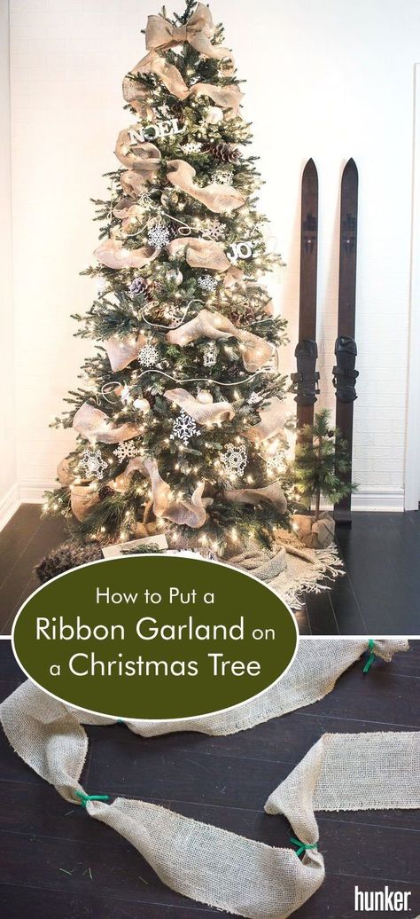 Cover bare spots on your Christmas tree with a ribbon garland! There is a trick to it, of course, and this DIY shows you how to do it like the best of them! Word Garland On Christmas Tree, Using Burlap On Christmas Tree, Ribbon Down The Christmas Tree, Christmas Tree With Tulle Garland, Diy Christmas Tree Ribbon Garland, Burlap Ribbon Christmas Tree Easy Diy, How To Layer Ribbon On Christmas Tree, How To Add Beaded Garland To Christmas Tree, Burlap Tree Garland