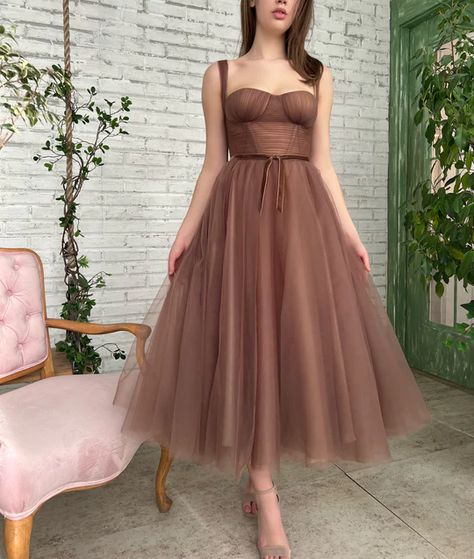 Swareh Dresses, Brown Homecoming Dress, Brown Homecoming Dresses, Brown Prom Dress, Brown Prom Dresses, Tea Length Prom Dress, Tea Length Tulle, Dresses Brown, Fair Outfits