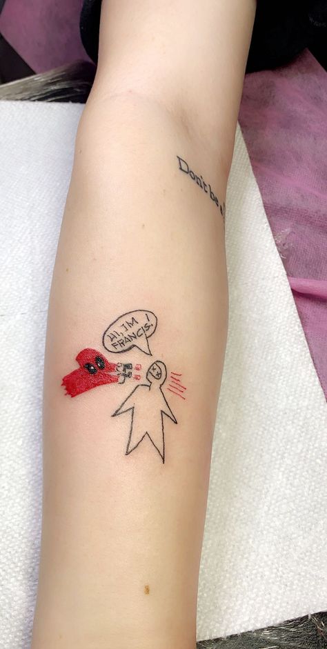 Deadpool tattoo “hi, i’m francis!” Marvel Mini Tattoo, Cool Marvel Tattoos, Small Deadpool Tattoo, Tattoo Ideas Movies, Deadpool And Wolverine Tattoo, Deadpool Francis, Small Marvel Tattoo, Movies Tattoo Ideas, Movie Tattoos Ideas