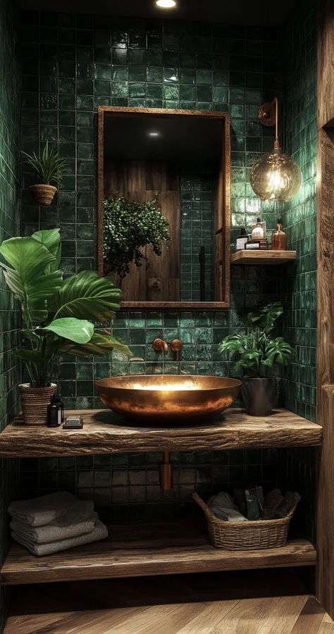 Green Bathroom Restaurant, Interior Inspired By Nature, Restaurant Toilet Design Ideas, Green Tile Restaurant, Bathroom Ideas Green And Gold, Toilet Restaurant Design, Dark Jungle Bathroom, Dark Green Restaurant, Restaurant Toilet Design