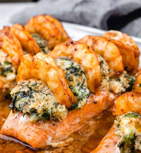 Shrimp Stuffed Salmon, Crab Stuffed Salmon, Pineapple Salmon, Seafood Ideas, Baked Crab, Crab And Shrimp, Shrimp Stuffed, Stuffed Salmon, Seafood Dish Recipes