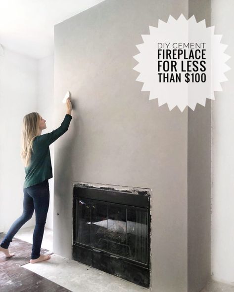 Fireplace Stucco Makeover, Fireplace On One Wall Tv On Another, Cement And Shiplap Fireplace, Concrete Corner Fireplace, Fake Concrete Fireplace, Concrete Over Rock Fireplace, Fireplace Makeover Stucco, Concrete Overlay Fireplace, Diy Fireplace Refacing