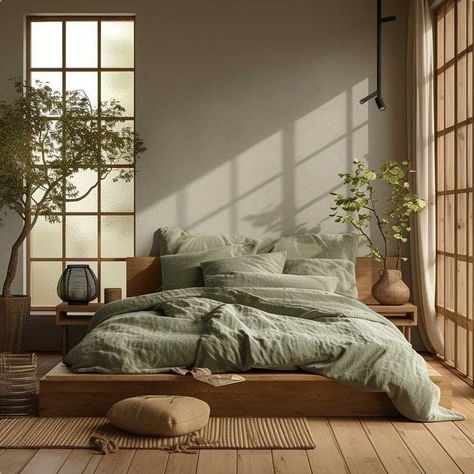 Tranquil Room Decor, Japandi Nyc Apartment, Black White Green Brown Interior, Japandi Interiors Green, Soft Minimalism Interior, Interior Design Bedroom Vintage, Japandi Color Palette, Japandi Bedroom, Japanese Bedroom