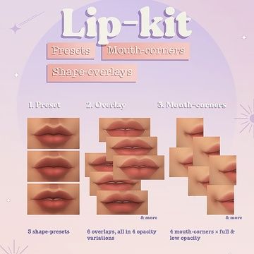 Lip-kit: presets, shape-overlays & mouth-corners | Miiko en Patreon Sims 4 Cc Lip Corners, Sims 4 Mouth Crease, Sims 4 Cc Lip Presets Female, Pouty Lip Slider Sims 4, Maxis Match Lip Preset, Sims Mouth Presets, Mouth Corners Sims 4 Cc, Lip Presets Sims 4 Cc Patreon, Sims4 Cc Lips Preset