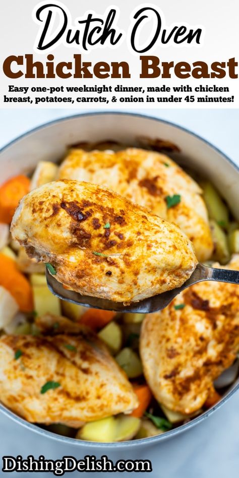 Dutch Oven Chicken Breast with Potatoes is a simple one-pot weeknight dinner or meal prep, made with chicken breast, potatoes, carrots, and onion in under 45 minutes! Chicken Breast In Dutch Oven, Roast Chicken Breast And Vegetables, Oven Chicken And Potatoes, Oven Chicken Breast, Recipes For Chicken Breast, Dutch Oven Chicken Thighs, Dutch Oven Chicken Breast, Split Breast Chicken Recipes, Dutch Oven Roast Chicken