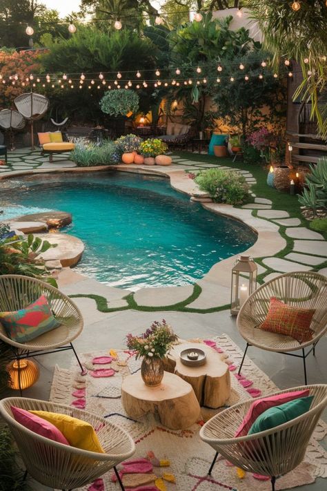 Cozy poolside seating area with string lights, vibrant cushions, and a beautifully landscaped garden. Beach Backyard Landscaping, Desert Backyard, Oasis Backyard, Beach Backyard, Outdoor Paradise, Cozy Seating, Backyard Paradise, Outdoor Retreat, Lush Greenery