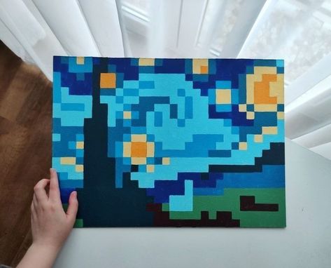 Starry Night Minecraft, Pixel Canvas Painting, Pixel Starry Night, Minecraft Pixel Art Painting, Pixel Painting Canvases, Pixel Art Painting Canvases, Painting Ideas Minecraft, Minecraft Painting Ideas On Canvas, Minecraft Canvas Painting