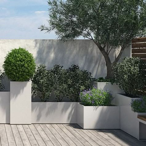 Modern & Luxury Roof Top Patio Garden Designs Get Ideas To Design You Roof Top | Home Decor Ideas Roof Deck Planters, Planter On Deck, Modern Shapes Design, Rooftop Plants Ideas, Planter Boxes Around Deck, Raised Decking Ideas Garden, Pool Planter Ideas, Garden Pots Ideas Outdoor Planters, Modern Planter Boxes