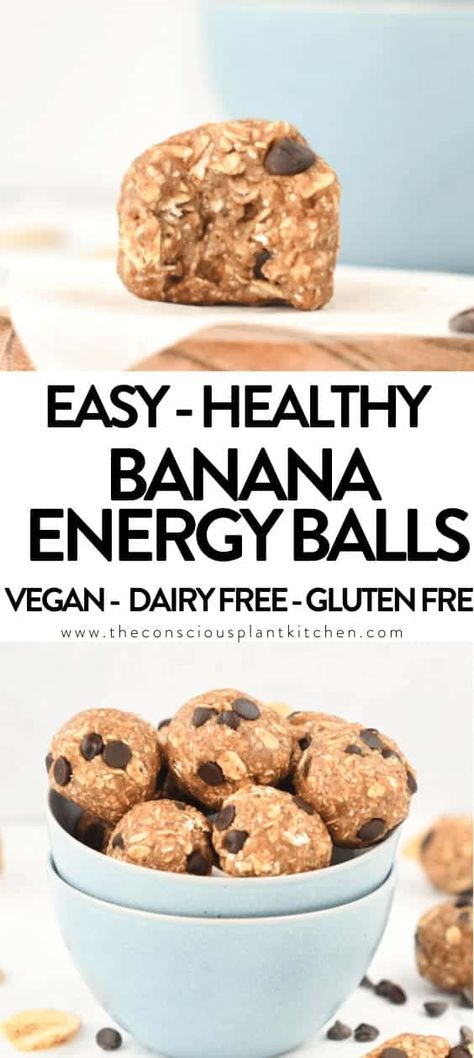 These peanut butter banana energy bites with chocolate chips are healthy breakfast on the go or post work out energy bites to refuel with healthy carbs and plant-based protein. Bonus, these are vegan, refined sugar free and dairy free. Banana Oat Balls, Banana Energy Bites, Conscious Plant Kitchen, Banana Energy, Peanut Butter Banana Oats, Oat Balls, Clean Eating Snack Recipes, Oatmeal Bites, Banana Snacks