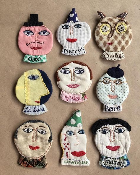 Shrinky Dink Art, Embroidered Photo Art, Julie Arkell, Embroidered Faces, Handmade Patches, Bloomsbury London, Assemblage Art Dolls, Embroidered Photo, Boho Crafts Diy