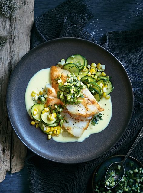 Turbot with Corn Milk and Zucchini Gremolata | RICARDO Plated Seafood Dishes, Fine Dining Entree Recipes, Yacht Food Fine Dining, Healthy Gourmet Meals, Fine Dining Fish Recipes, Summer Fine Dining, Fish Fine Dining, Fancy Fish Dinner, Fine Dining Plates