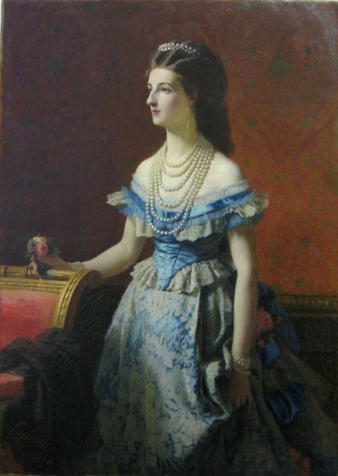 A gorgeous portrait of Queen Margherita of Italy. 1870s. Period Jewelry, Location Unknown, Paintings Portraits, 1870s Fashion, 1880s Fashion, 1890s Fashion, Historic Fashion, Royal Art, Historical Painting