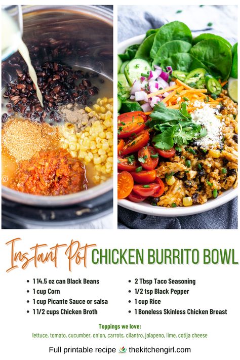 Chicken burrito bowl in the instant pot (left) and plated with toppings (right). Title text and recipe ingredients listed under images. Instant Pot Chicken Burrito Bowl, Instant Pot Burrito, Bowls With Chicken, Dinner Protein, Mexican Chicken And Rice, Burrito Bowls Recipe, Chicken Rice Bowls, Chicken Burrito, Chicken Burrito Bowl