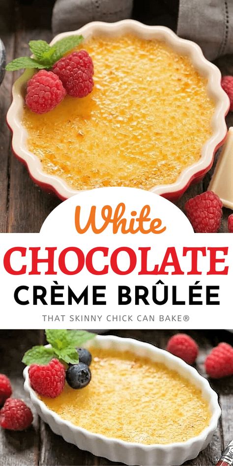 White Chocolate Crème Brûlée - An ultra-creamy custard infused with white chocolate and topped with burnt sugar. An out of this world dessert!! Chocolate Crème Brûlée, White Chocolate Creme Brulee, Chocolate Creme Brulee, Creme Brulee Recipe, Brulee Recipe, Chocolate Creme, Burnt Sugar, Creme Brûlée, Chocolate Blanco