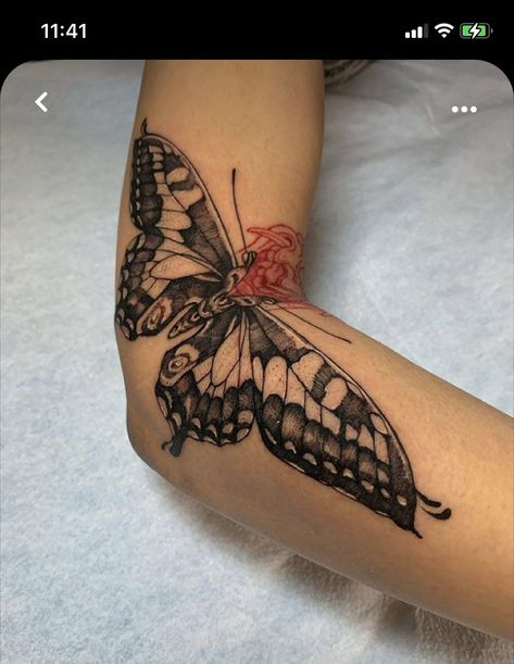 Transforming Tattoos, Moving Tattoos, Pixie Tattoo, Moving On Tattoos, Single Needle Tattoo, Elbow Tattoos, Moth Tattoo, Red Tattoos, Make Do