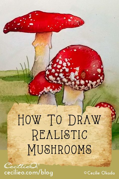 Watercolor Mushrooms Painting, Painting Mushrooms Ideas, Watercolor Mushroom Tutorial, Painted Mushrooms Ideas, How To Draw A Mushroom, Mushroom Drawing Tutorial, Toadstool Drawing, How To Draw Mushrooms, Draw Mushrooms