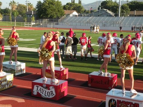 These cheer boxes are COOL! You'll actually be able to see the girls cheering as well. Cheer Crate Ideas, Senior Cheer Box Ideas, Cheer Gear Ideas, Cheer Boxes To Stand On, Cheer Box Designs, Cheer Boxes Designs High School, Cheer Box Ideas High School, Cheer Box Ideas, Cheer Hair Ideas