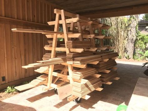 Free Standing Lumber Storage Rack, Lumber Rack Outdoor, Rolling Wood Storage Rack, Plywood Rack Storage Ideas, Free Standing Lumber Rack, Lumber Storage Outdoor, Outdoor Lumber Storage Rack, Wood Rack Lumber, Lumber Storage Shed