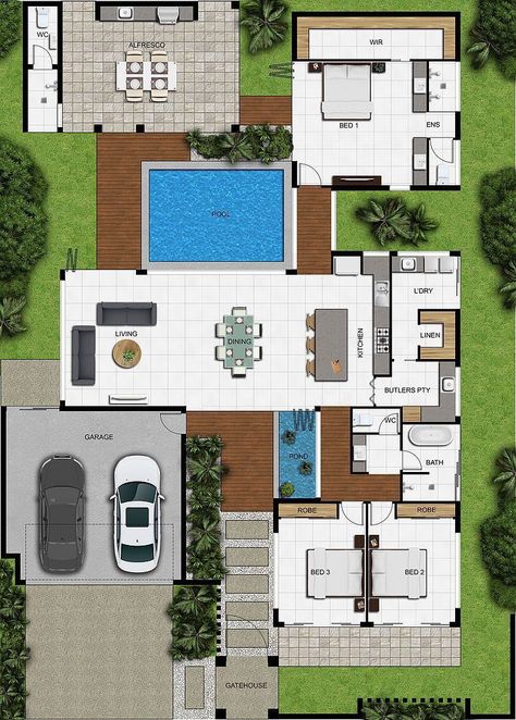 3d Floor Plans, Pool House Plans, Rumah Minecraft, Courtyard House Plans, Small House Floor Plans, Architectural Design House Plans, Architectural Floor Plans, Sims House Plans, Home Design Floor Plans