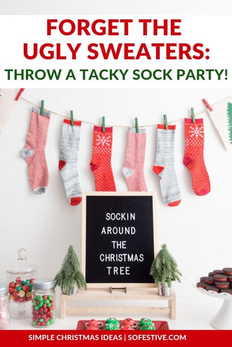 Sock Party, Christmas Socks Exchange, Ugly Christmas Socks, Tacky Christmas Party, Christmas Party Planning, Socks Party, Diy Christmas Party, Christmas Party Table, Work Christmas Party