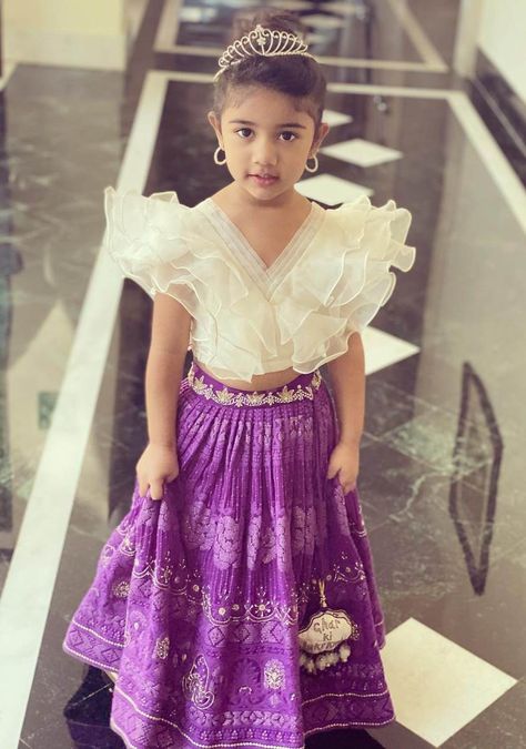 Allu arha in seams studio crop top lehenga for nishchay Allu Arha, Niharika Konidela, Indian Dresses For Kids, Kids Party Wear Dresses, Kids Dress Collection, Kids Blouse Designs, Kids Frocks Design, Kids Dress Wear, Kids Dress Patterns