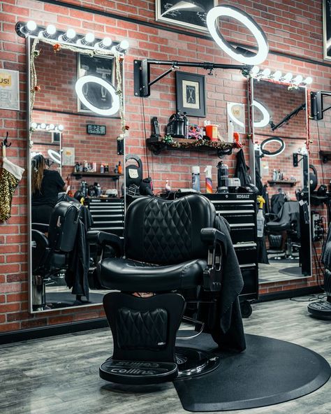 Red And Black Barbershop Ideas, Barbershop Accent Wall, Unique Barbershop Ideas, Gothic Barber Shop, At Home Barber Shop Ideas, Barbershop Setup Ideas, Barber Decor Ideas, At Home Barbershop, At Home Barber Station