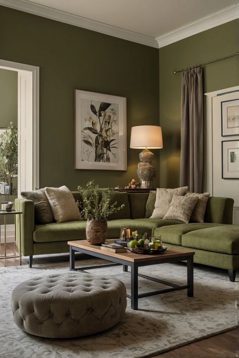 Get ready to be inspired by the timeless elegance of Ripe Olive (SW 6209) as we bring you the ultimate interior designer routine for 2024. #Ad #homedecor #homedesign #wallpaints2024 #Painthome #interiorarchitecture Wall Colors Green Living Room Colors Bright Living Room Colors Apartment Renovation Living room Remodeling Modern Paint Colors 2024 Curtains For Green Living Room, Sage Green And Gold Living Room Ideas, Living Room With Olive Green Walls, Rich Wall Colors, Olive Couch Living Room Decor, Living Room Wall Color Green, Paint Colors For Olive Green Couch, Olive Green Panelling Living Room, Olive Green Walls Living Room Decor