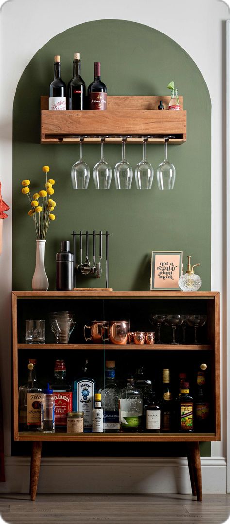 Flat Home Decor, Wine Home Bar, Kitchen Room Decor Ideas, Home Bar In Kitchen, Shed Decor Interior, Normal Home Decor, Home Remodel Inspiration, Rent Apartment Hacks, Accent Wall Bar Area