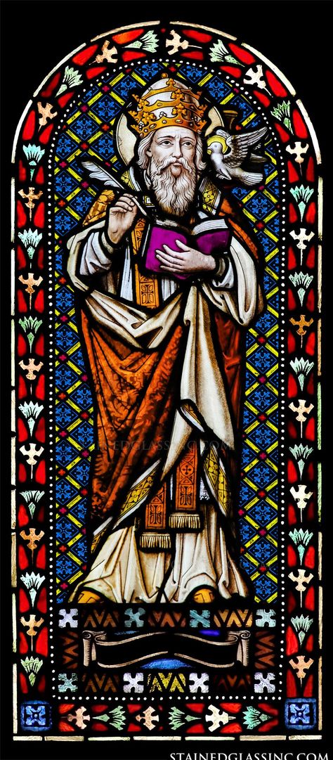 Writing Quill, Saint Gregory, Purple Books, An Open Book, White Doves, Stained Glass Window, Patron Saints, Open Book, Stained Glass Windows