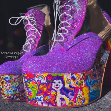 CUSTOM // 90's Iconic Lisa Frank Kawaii Holographic Glitter Hand Made Rainbow Platform Chunk High Heel Wedge Ankle Boots - Etsy Lisa Frank Shoes, Sticker Collage, Holographic Fashion, Funky Shoes, Fancy Shoes, Lisa Frank, High Heel Wedges, Wedge Ankle Boots, Holographic Glitter