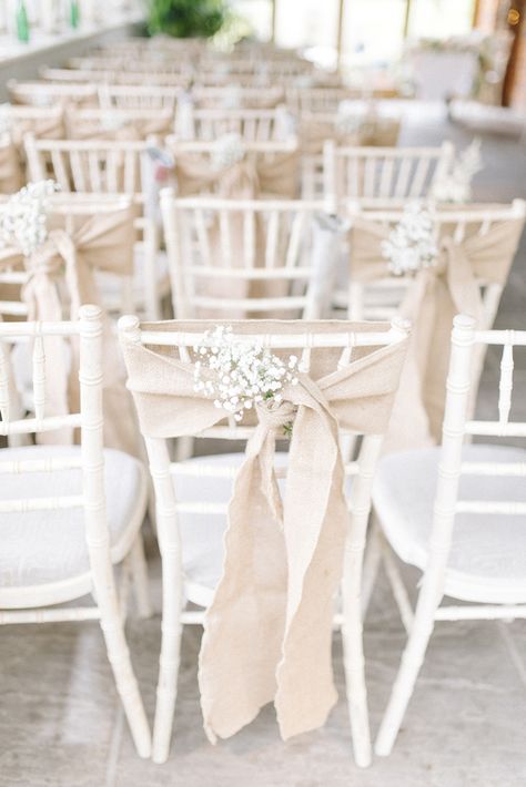 Hessian & Gypsophila Chair Decor | Sarah Jane Ethan Photography | http://www.rockmywedding.co.uk/charlotte-kevin/ Baby's Breath Wedding Flowers, Wedding Ceremony Chairs, Wedding Ceremony Seating, Watters Bridal, Ceremony Chairs, Wedding Chair Decorations, Pastel Color Schemes, Ceremony Seating, Wedding Tables