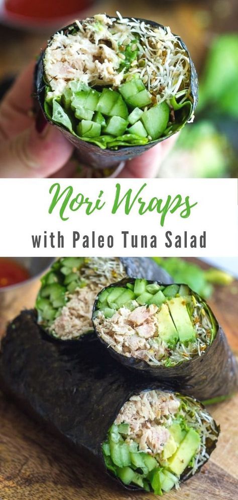 Paleo Wraps Recipe, Low Calorie Aip Recipes, Whole30 Tuna Salad, Whole 30 Tuna Recipes, Nori Lunch Ideas, Paleo Cold Lunch, Tuna Paleo Recipes, Paleo Tuna Recipe, High Protein Meals Gluten And Dairy Free