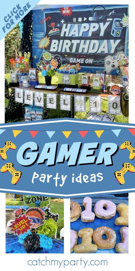 Tech Birthday Party Ideas, Gamer Birthday Party Food Ideas, 10th Birthday Video Game Party, Gaming Birthday Party Food Ideas, Gamer Dessert Table, Gamer Party Activities, Video Game Party Food Ideas, Gaming Party Food Ideas, Game Truck Birthday Party Ideas