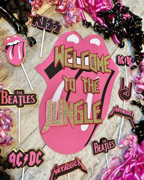 "Complete your Rock N Roll themed event with this customizable rock mouth table sign! This listing is for the table sign only. Cupcakes toppers, banner, cake topper, band logos and monthly milestone banner are also available in this theme, but sold seperately Available wording options include: \"Name\" Rocks (can use a name up to 8 letters) One Rocks Pour Some Sugar on Me Free Tattoos Born To Rock Another ONE Bites the Dust \"Name\" Rocks Happy Birthday \"Name\" Born Two Rock Size: approximately 11\" tall x 10\" wide. This sign is not free standing and will require a stand if you'd like it sit upright (which is not included). LET'S BE SOCIAL Follow Beautiful Chaos Banners on any of our social media platforms to get first looks at new products, special discounts, giveaways, and more **Insta Pink Rock N Roll Party, Rock And Roll Birthday Diy, Welcome To The Jungle Rock And Roll Party, Rock And Roll Party Decorations Ideas, Rock N Roll Theme Birthday Party, Rock Theme Classroom, Rocking First Birthday, 50th Rock N Roll Birthday Party, Rock N Roll Themed Party